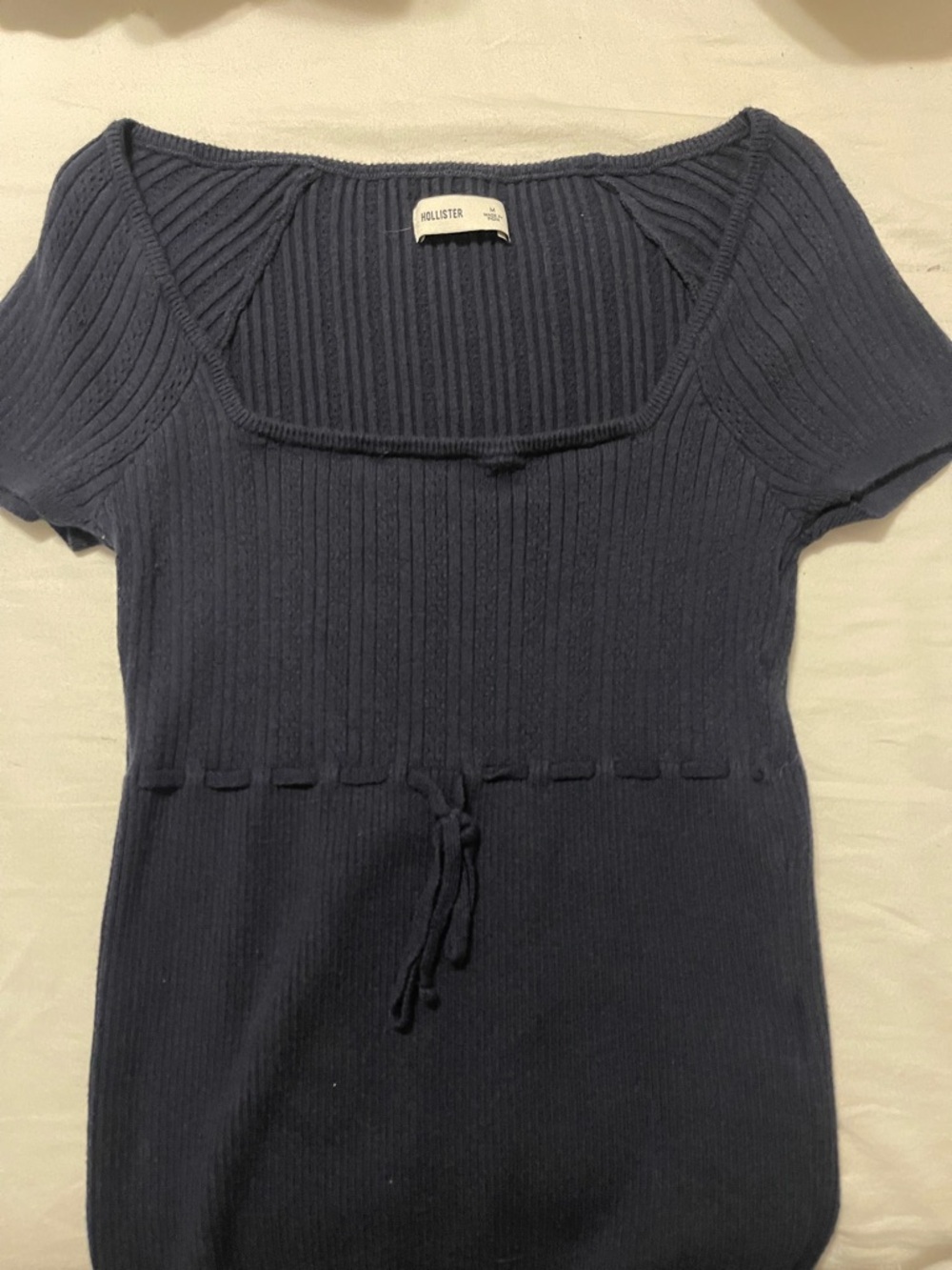 Hollister Navy Ribbed Square Neck Knit Top with Waist Tie👚🪡.